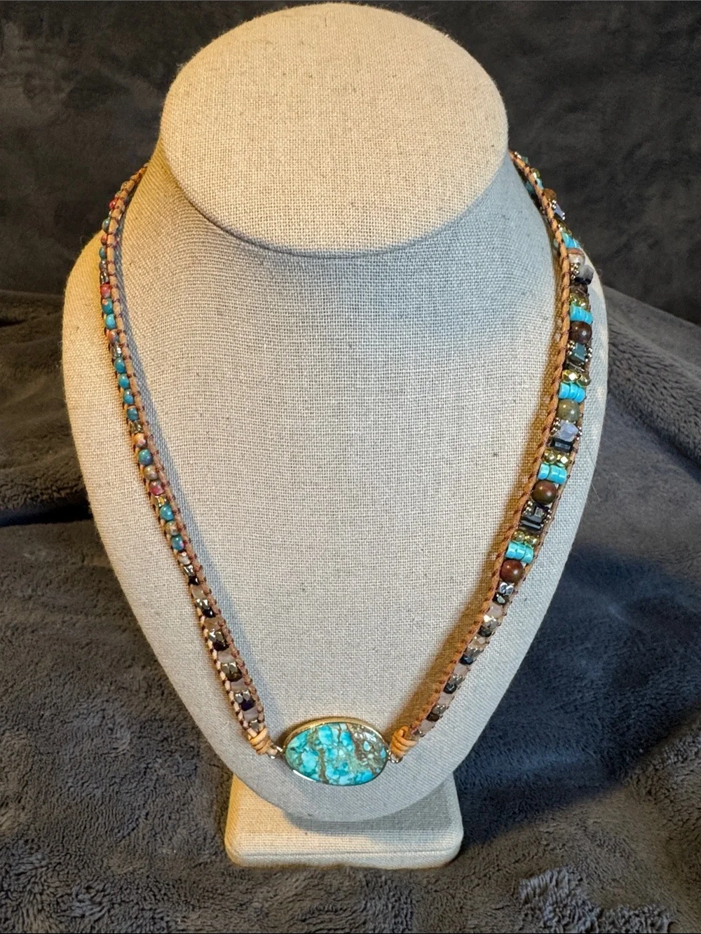 Turquoise Stone Beaded Two-Way Necklace or Wrap Bracelet